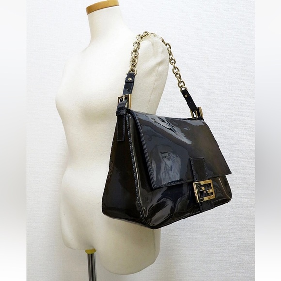 Fendi Black Patent Leather Shoulder Bag with Gold Chain - Picture 1 of 16